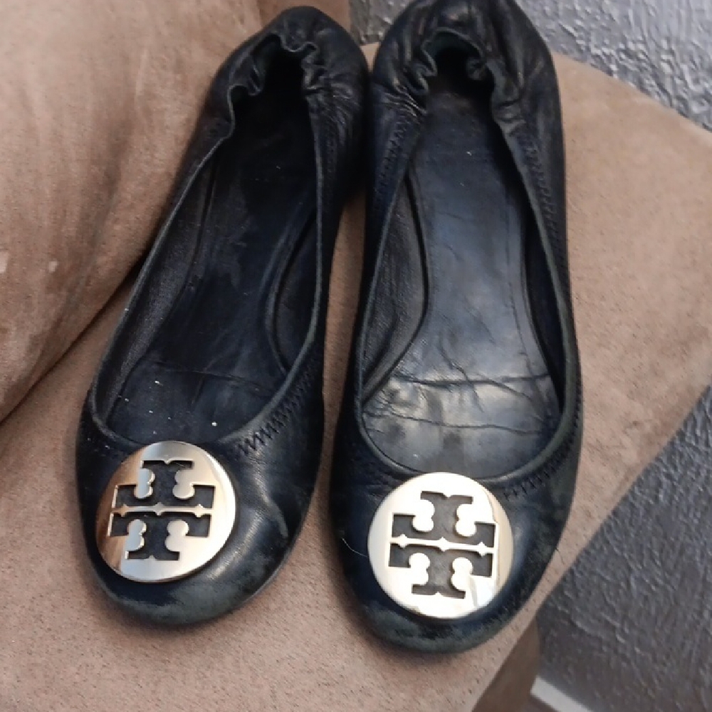 Tory Burch Black Flats with Gold Logo